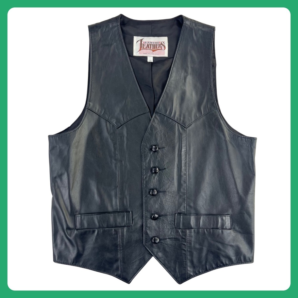 Diamond Leather Western Vest‎ Men's 38 Medium Black Button Up Pockets Biker USA